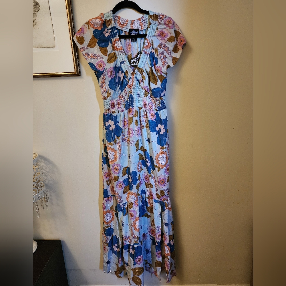 Nwt Large angie lurex floral dress maxi cap sleeve glitter boho hippie blue